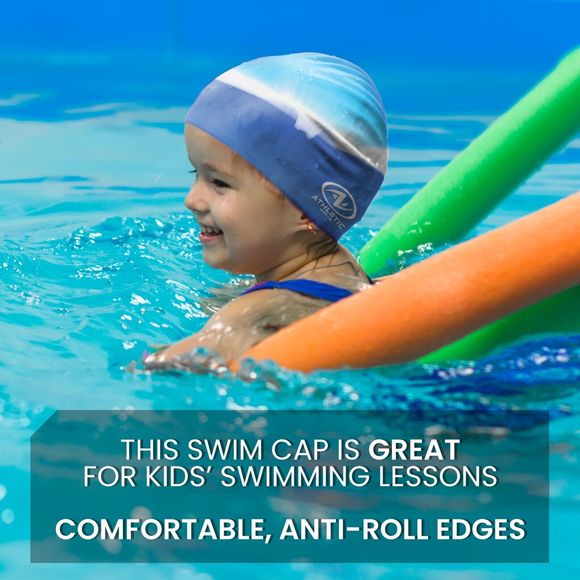 Athletic Works Junior Size Blue Multi Silicone Swim Cap New - Picture 3 of 5